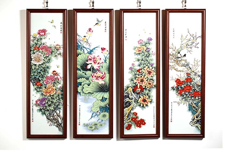 张松茂四季花卉粉彩瓷板四条屏